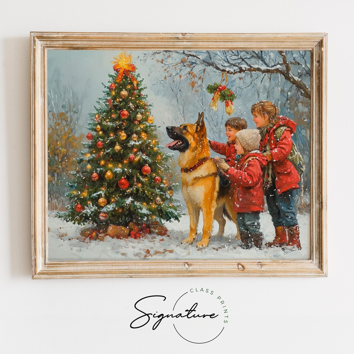 Kids And German Shepherd Dog By Outdoor Christmas Tree Poster