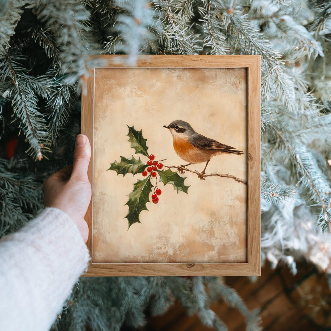 Robin On Holly Branch With Red Berries Vintage Christmas Bird Wall Art - Image 6