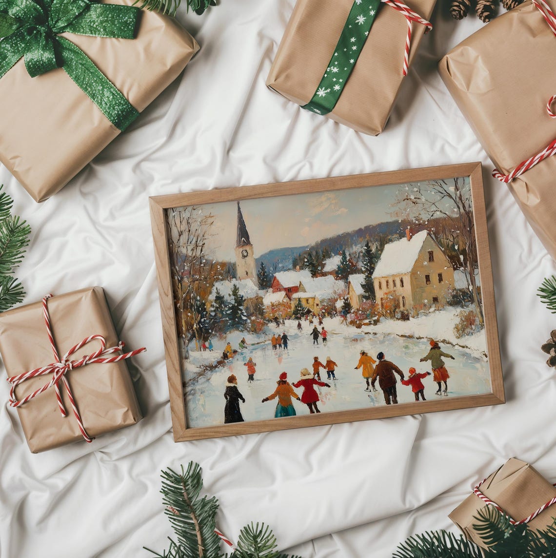 Snowy Village Ice Skating Scene With Church Steeple Clock Poster - Image 2