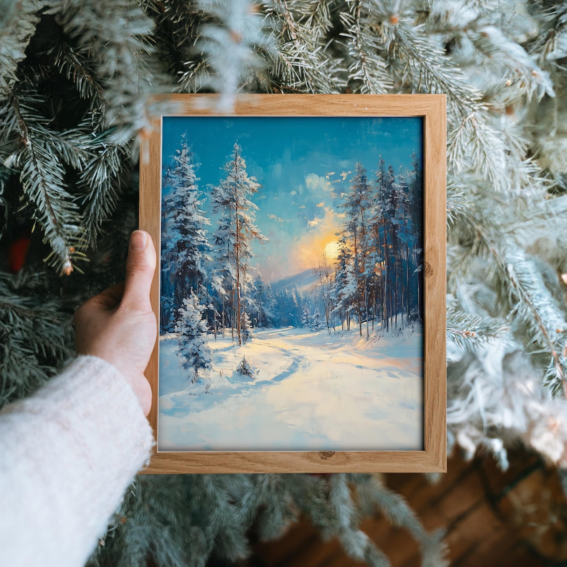Snowy Pine Forest at Dusk Blue Winter Landscape Oil Painting Print - Image 6