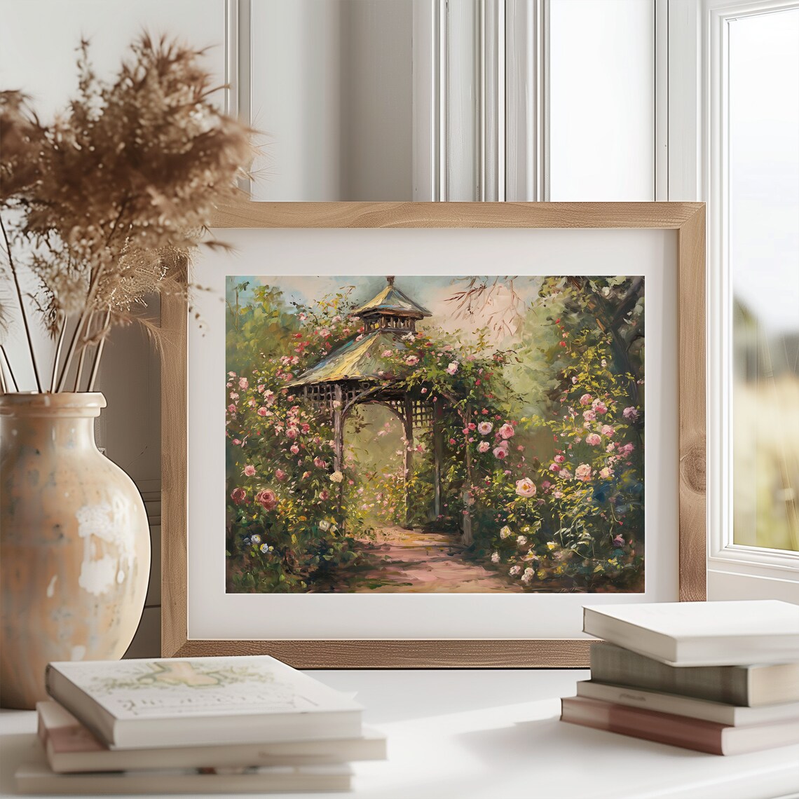 Summer Garden Gazebo Painting, Vintage Rose Decor - Image 2