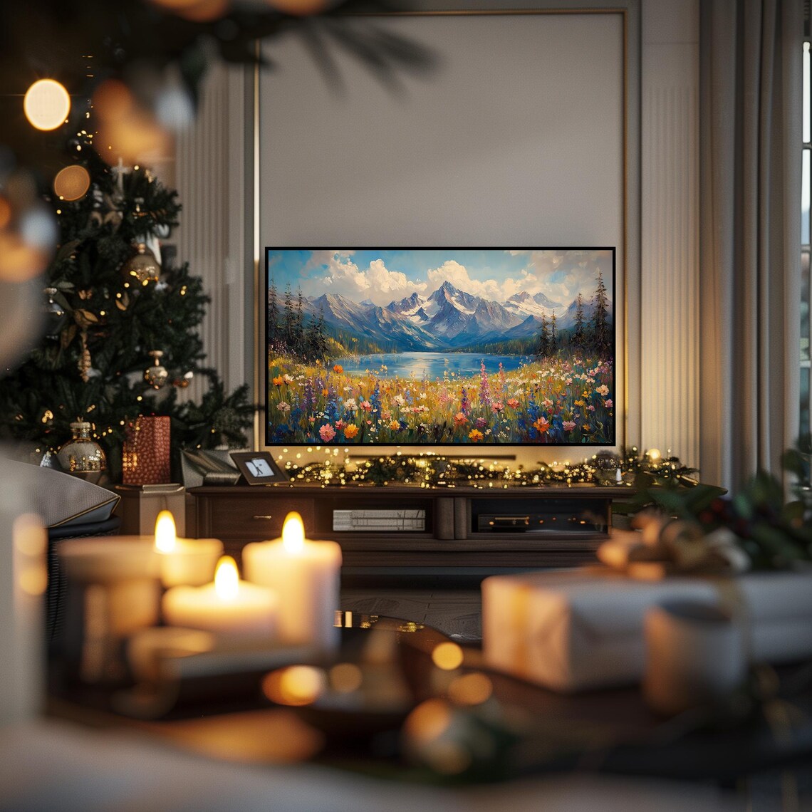 Mountain Lake Wildflower Meadow Spring Bloom Scenic Landscape Wall Art - Image 3
