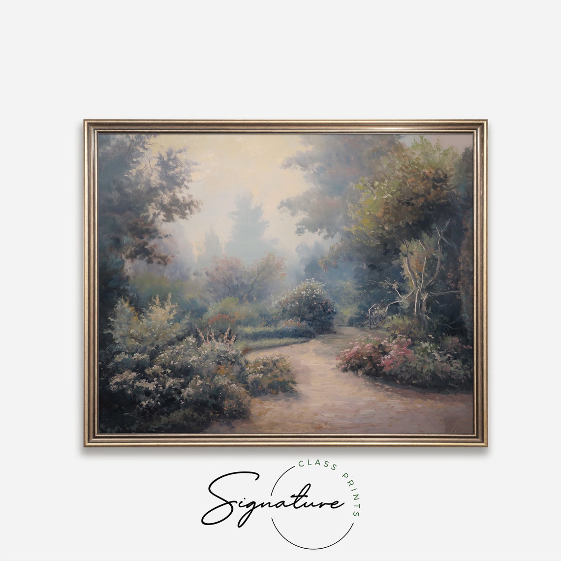 Misty Garden Path with Flowering Bushes Dreamy Impressionist Poster - Image 4