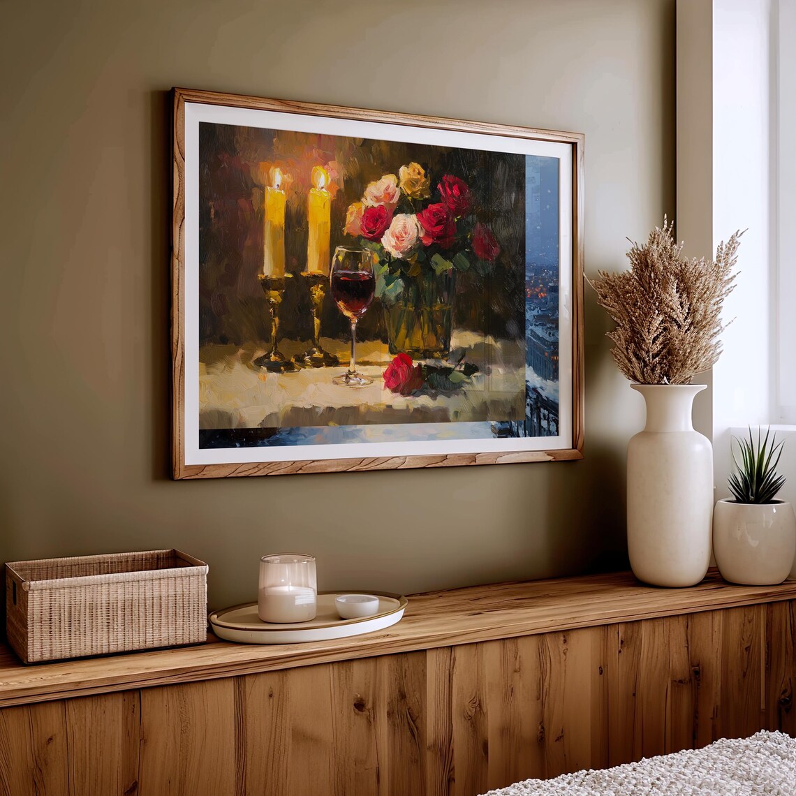 Candlelit Still Life Wine Glass Roses Warm Golden Oil Painting Poster - Image 4