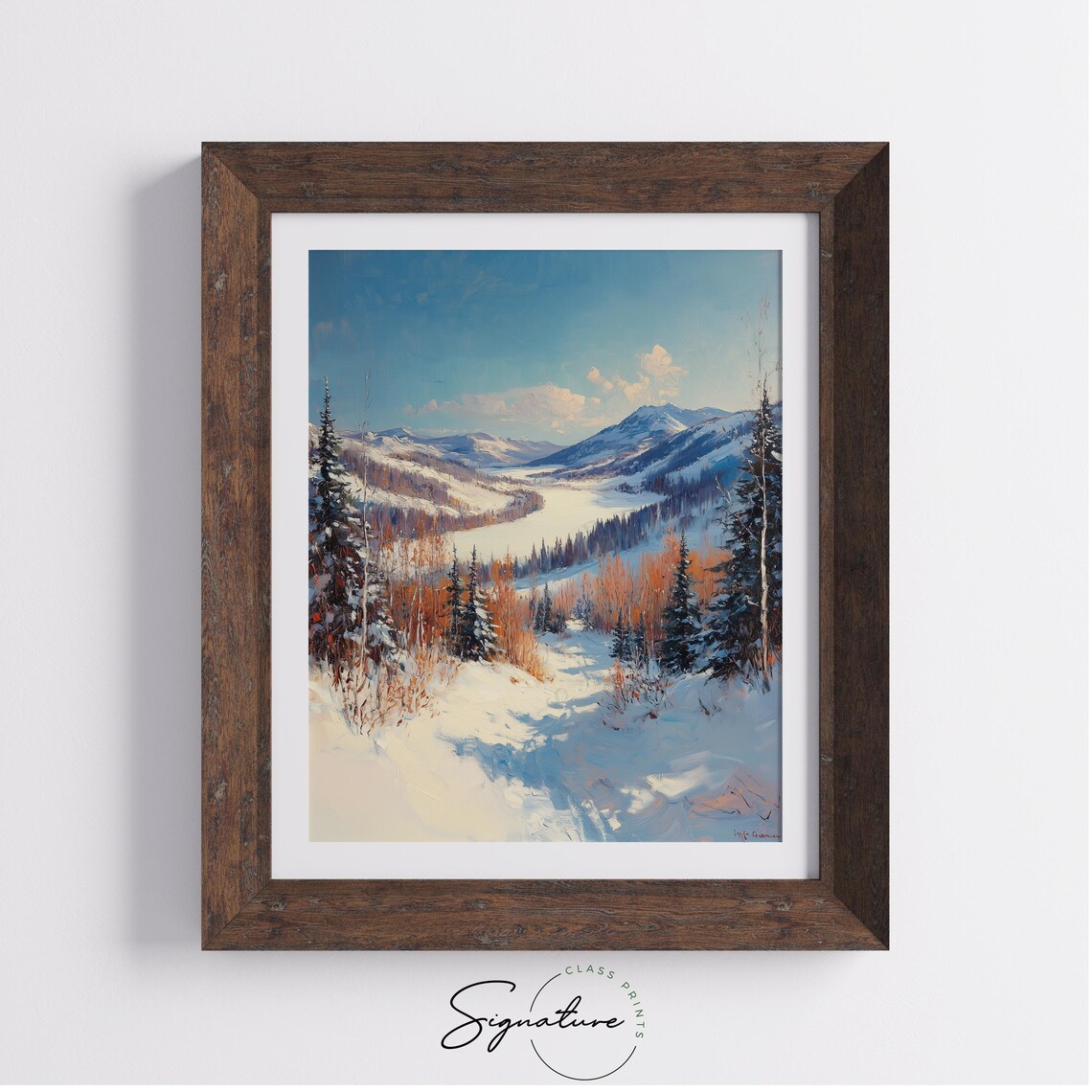 Sunny Snowy Mountain Valley with Frozen Lake and Pines Poster - Image 3