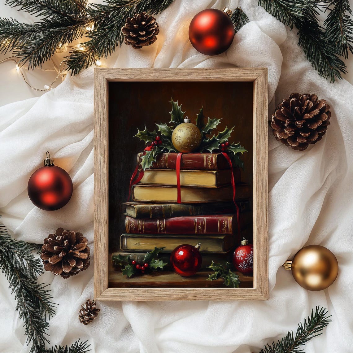 Stack of Vintage Books with Holly and Ornaments Christmas Print - Image 4