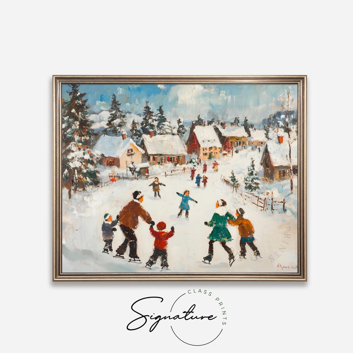 Families Ice Skating In A Snowy Village Square In Winter Poster - Image 4