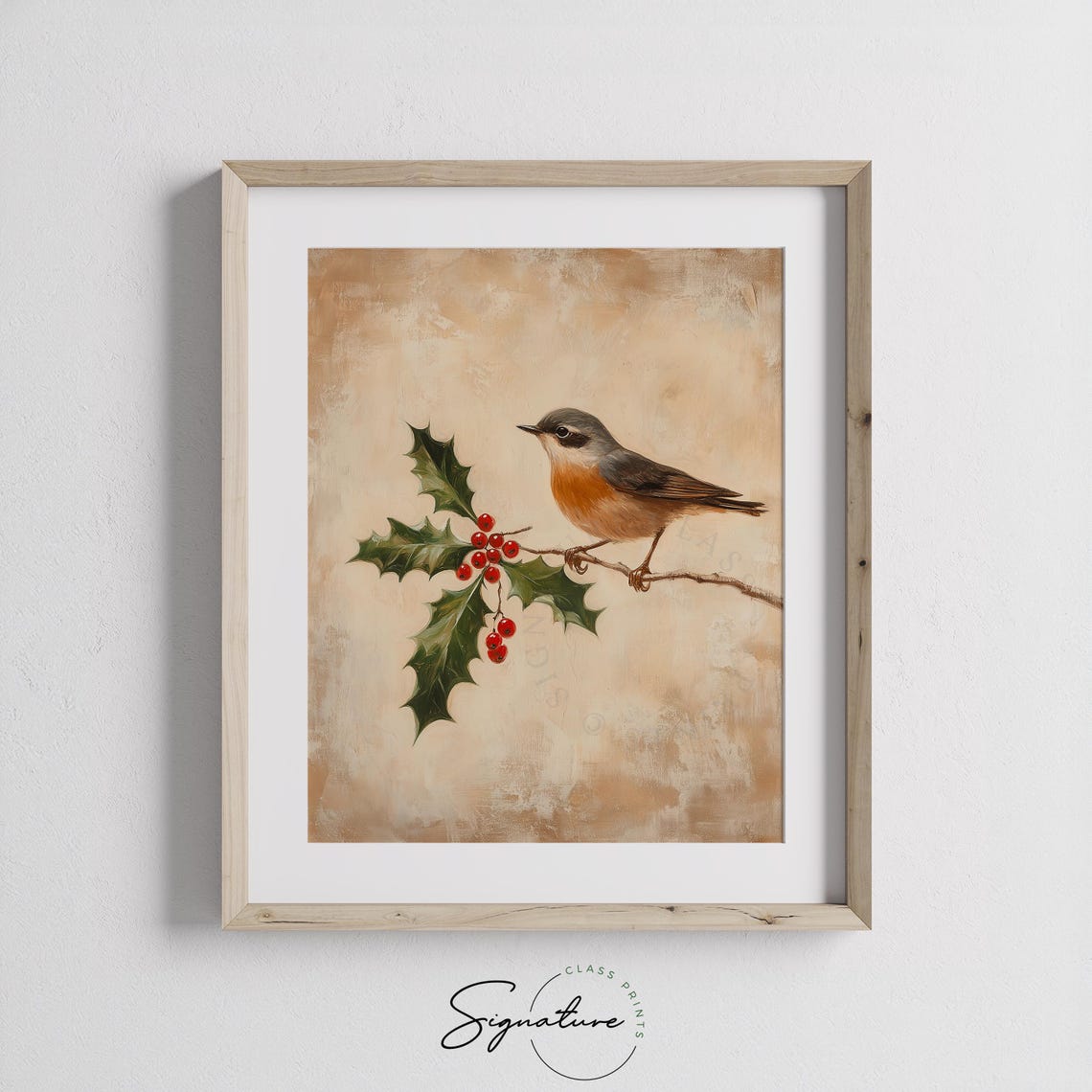 Robin On Holly Branch With Red Berries Vintage Christmas Bird Wall Art - Image 2