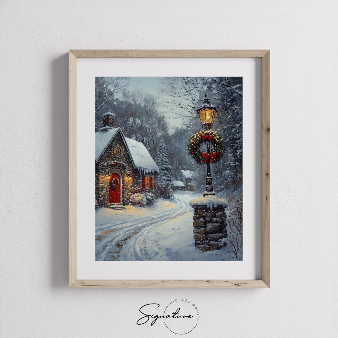 Stone Cottage with Red Door Wreath and Icicles Winter Poster - Image 2