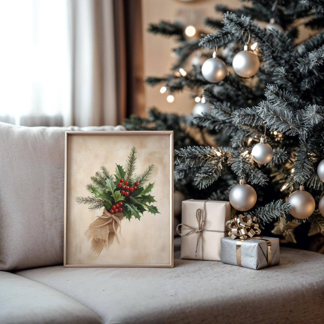 Holly and Pine Sprig Bouquet Wrapped in Burlap Christmas Poster - Image 5
