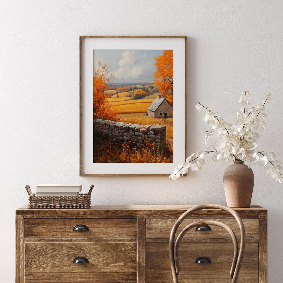 Stone Cottage and Rock Wall in Golden Autumn Field Landscape Poster - Image 5