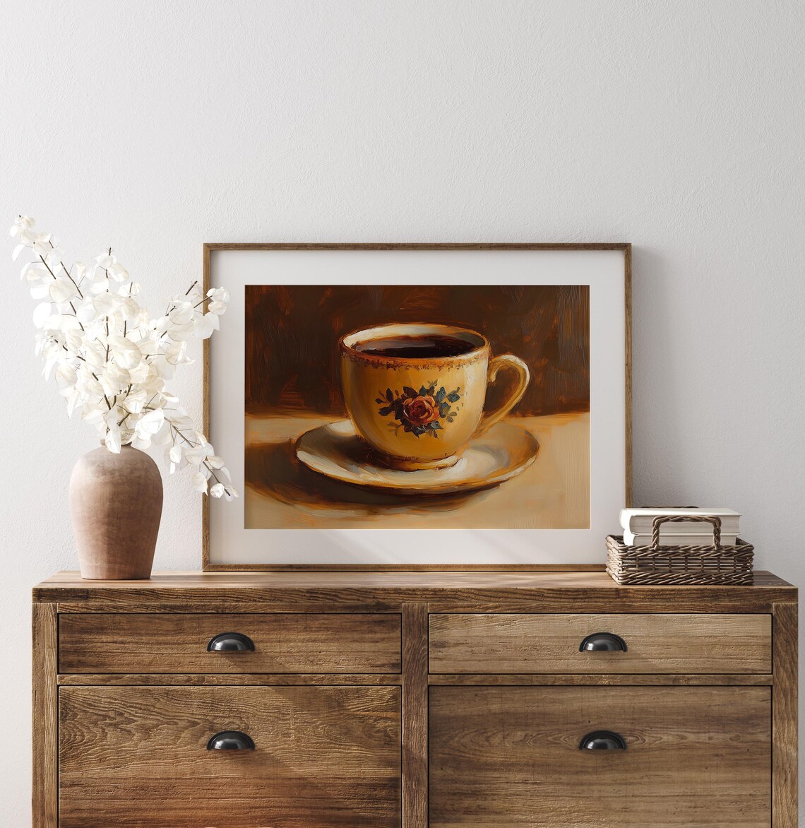 Vintage Floral Teacup Painting Cozy Golden Coffee Cup Rustic Wall Art - Image 3