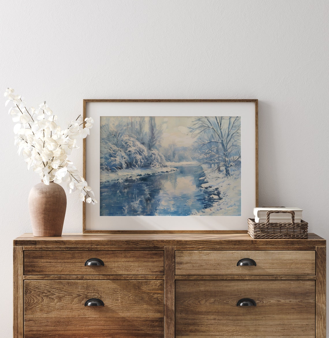 Tranquil Snowy River Scene Winter Landscape Blue Painting Poster - Image 3