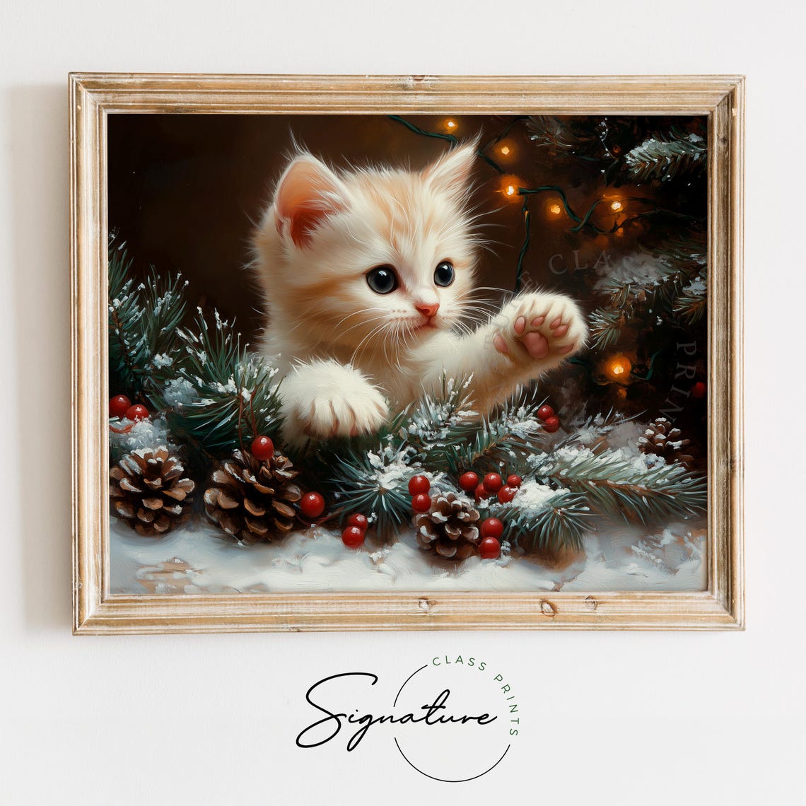 Playful Cream Kitten Among Snowy Pinecones and Red Berries Poster