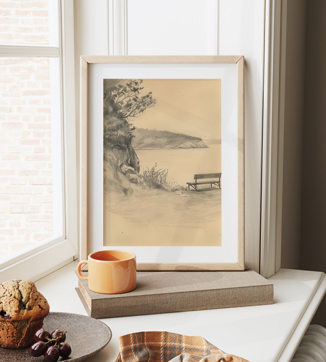 Secluded Cove Overlook Bench Cliff Sepia Landscape Sketch Poster - Image 6
