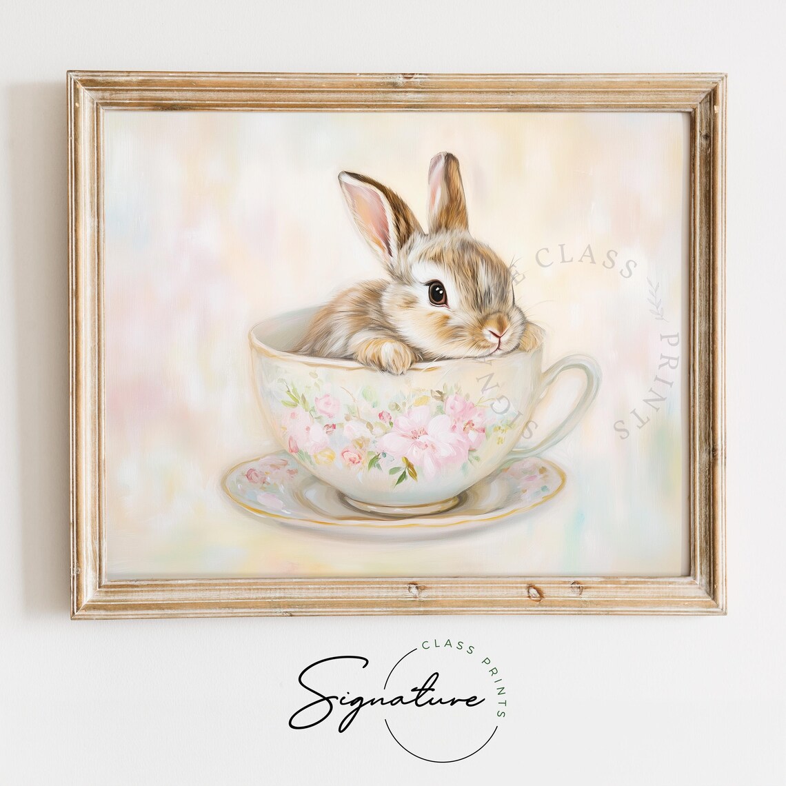 Bunny In Vintage Floral Teacup, Cottagecore Art Print