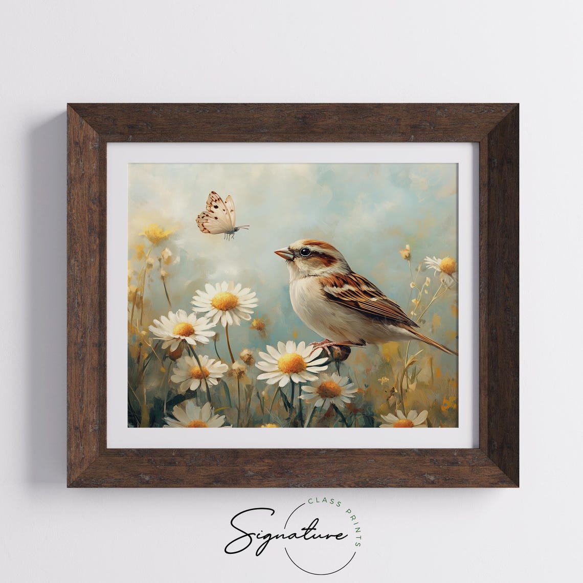 Sparrow Amid White Daisies With Butterfly Sunny Spring Garden Poster - Image 5