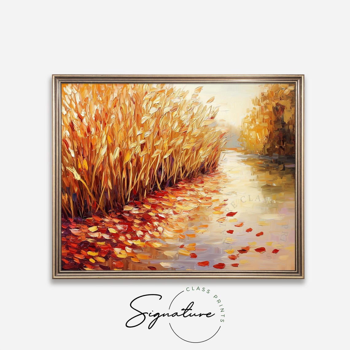 Impasto Golden Reeds With Floating Red Leaves On Calm Water Poster - Image 4