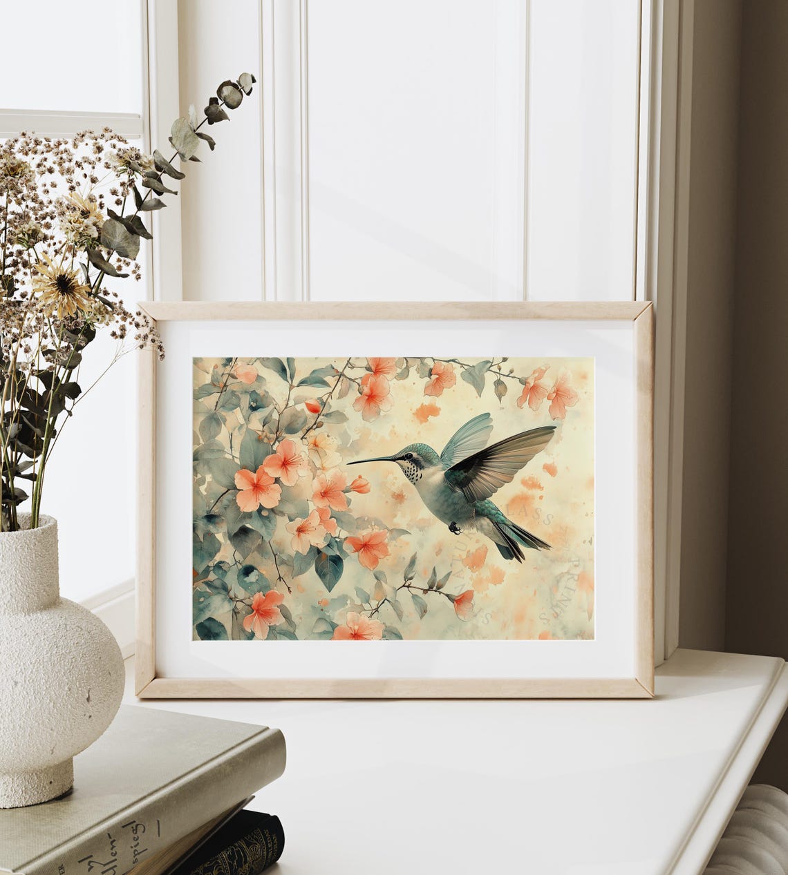 Hummingbird Hovering Among Peach Blossoms Soft Watercolor Bird Poster - Image 6