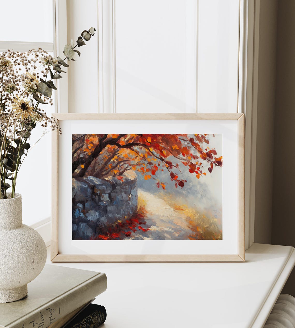 Autumn Stone Wall Painting Red Fall Leaves Impasto Tree Branch Poster - Image 6