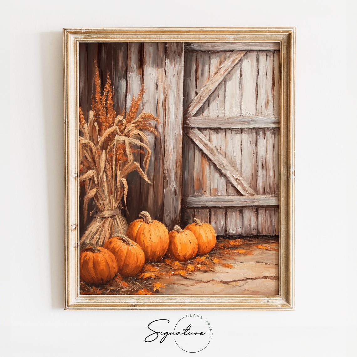 Rustic Barn Door Pumpkins Cornstalks Fall Harvest Scene Poster