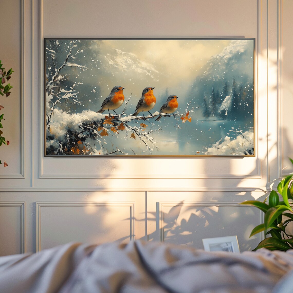 Robin Trio On Snowy Lakeside Branches In Falling Snow Winter Art Poster - Image 4