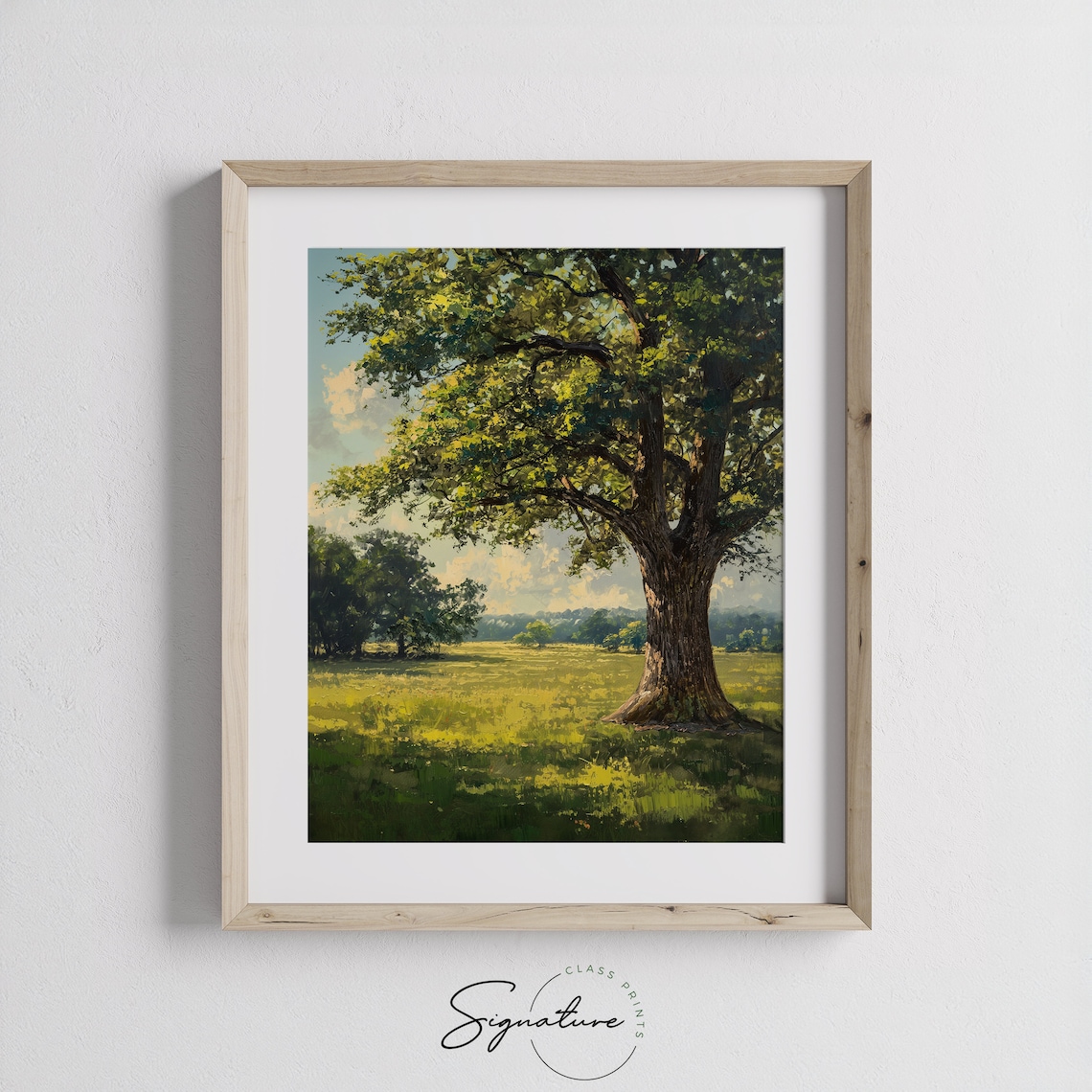 Majestic Oak Tree Sunlit Meadow Summer Shade Green Landscape Oil Poster - Image 3