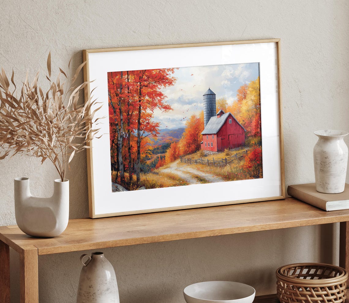 Red Barn Silo Autumn Valley Fall Farm Rustic Landscape Wall Art - Image 4