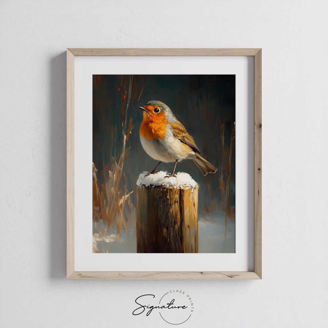 European Robin Perched on a Snow-Covered Fence Post Winter Poster - Image 2