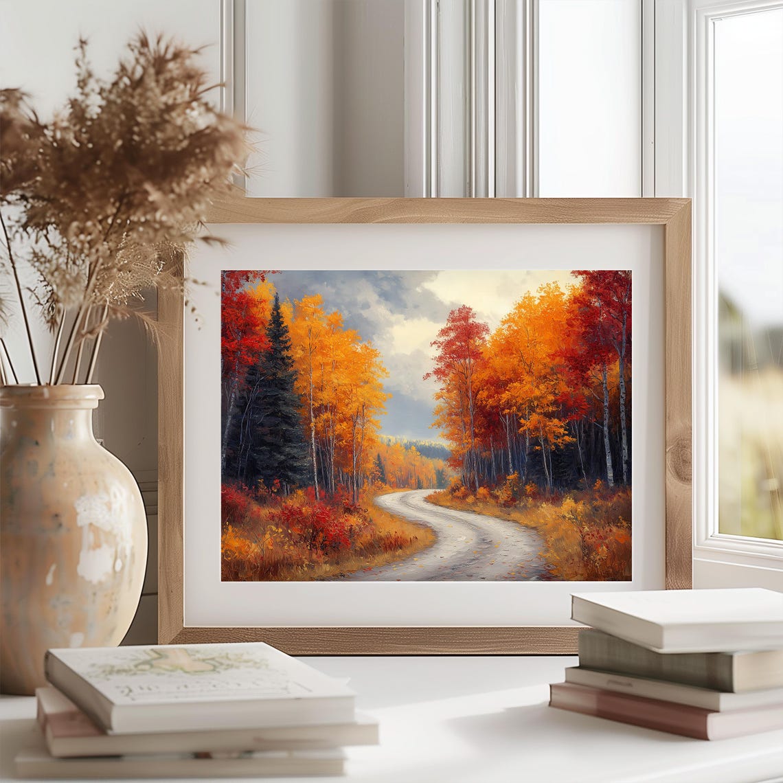 Curving Forest Road Between Tall Trees in Blazing Fall Color Poster - Image 2