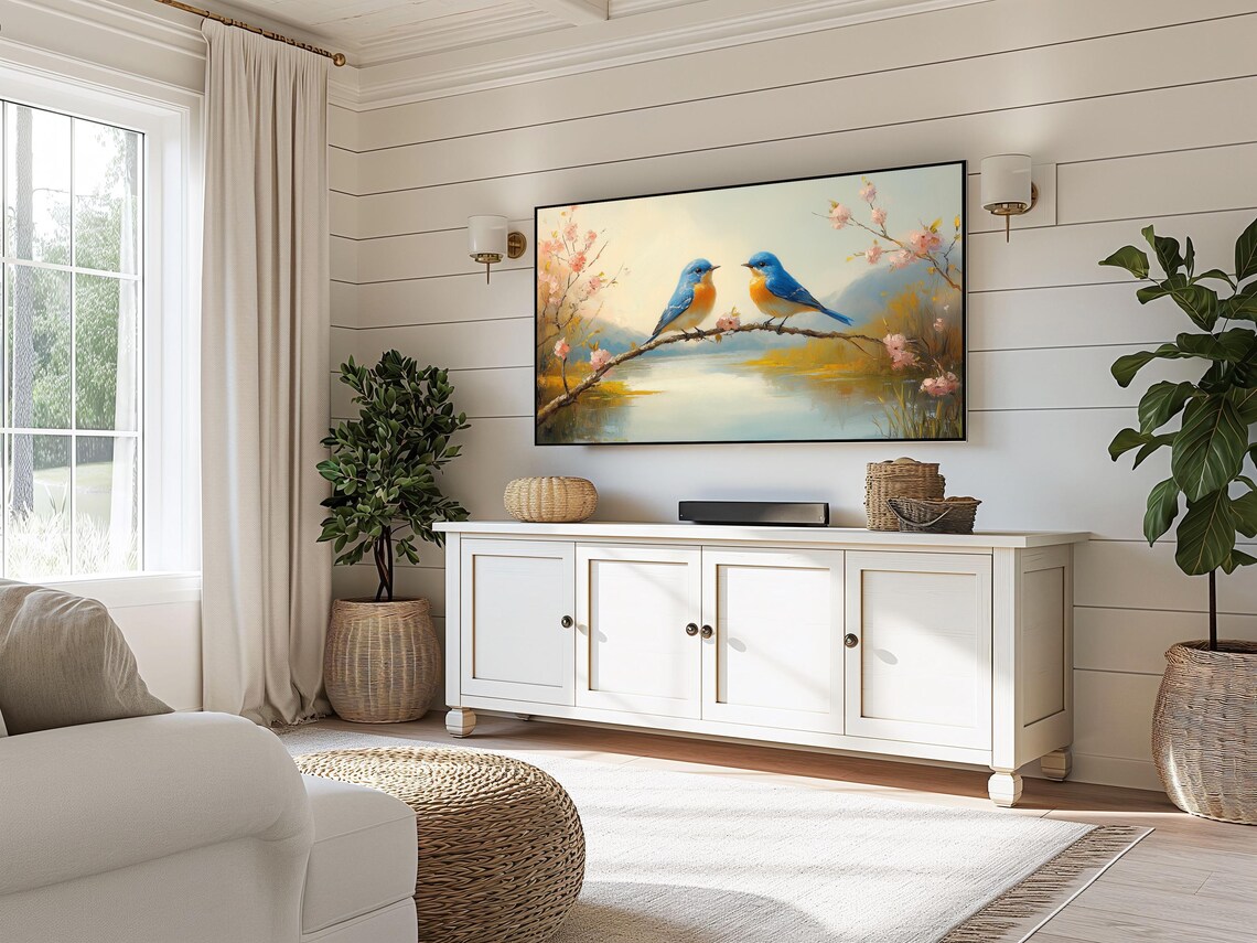 Bluebirds On Blossom Branch Lake Spring Frame TV Bird Art Print - Image 3