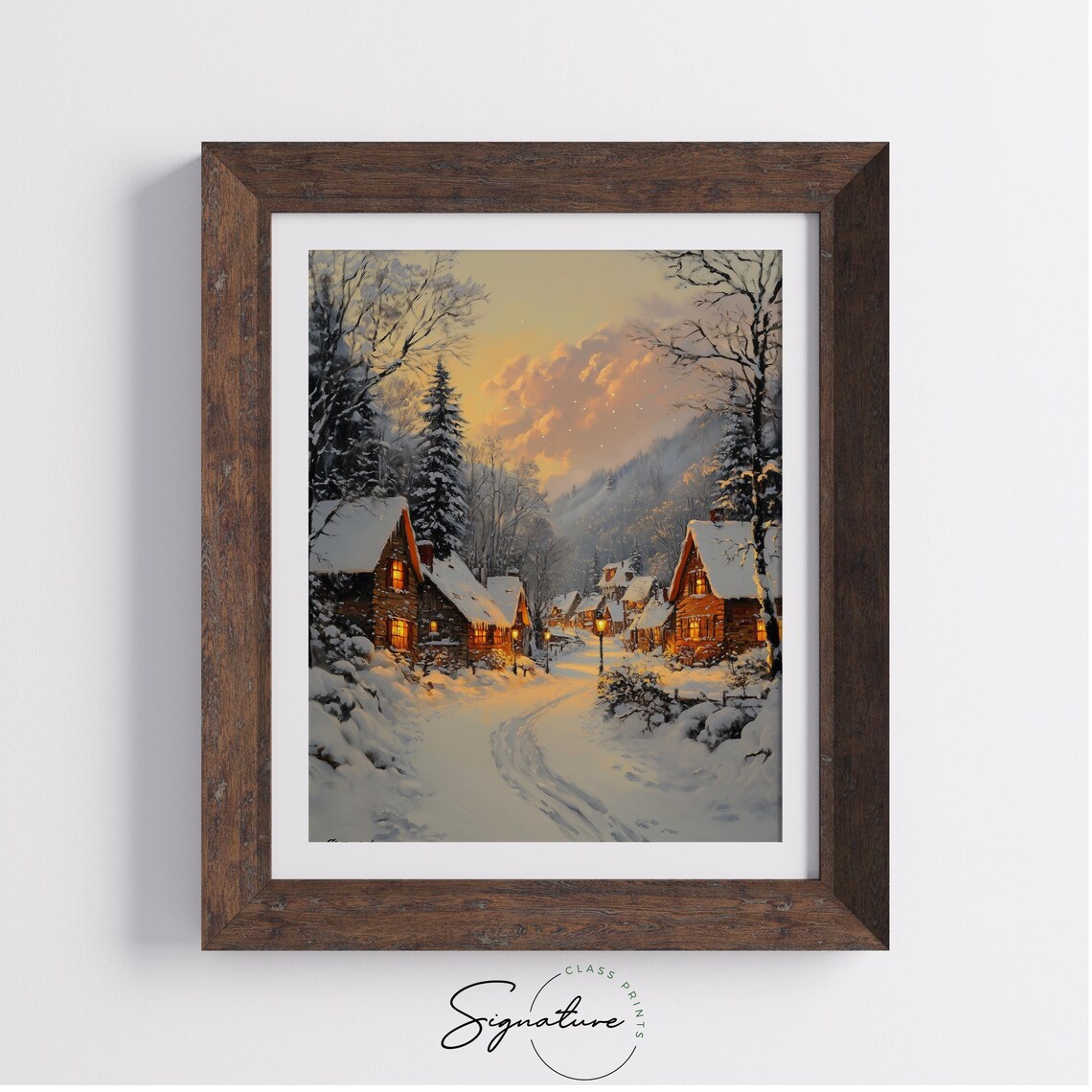 Snowy Village Square At Sunset With Warm Cabin Lights Winter Poster - Image 3
