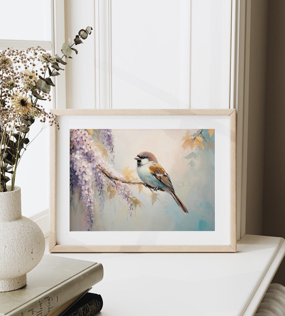 Tree Sparrow On Wisteria Branch With Pale Lilac Blossoms Poster - Image 4