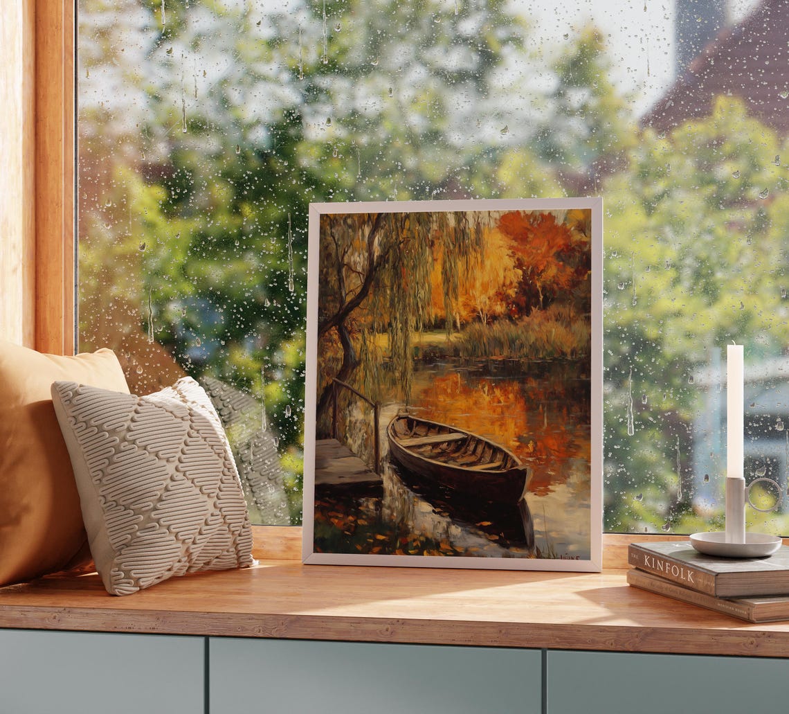 Old Wooden Rowboat Tied at a Dock Beneath a Weeping Willow Poster - Image 2