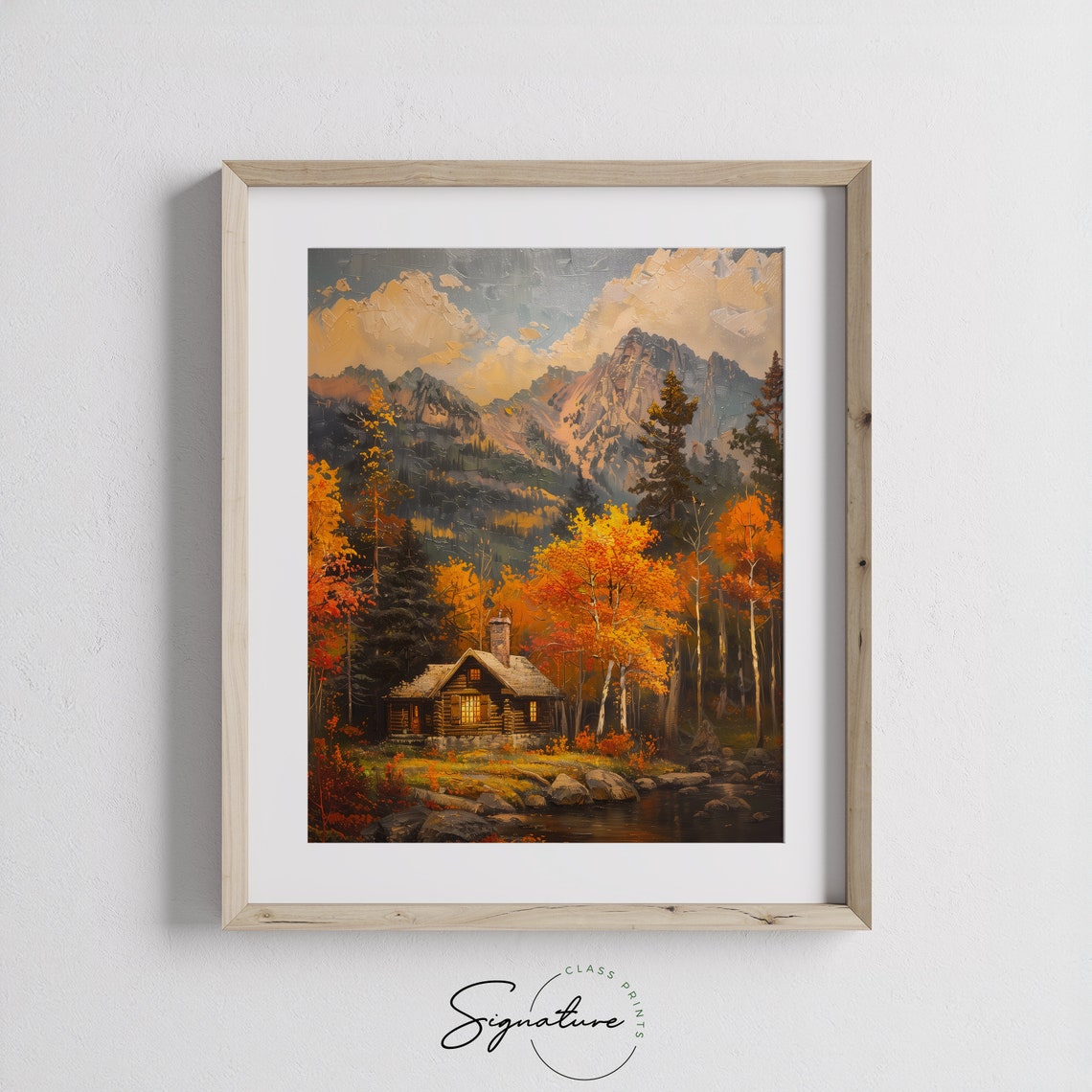 Cozy Log Cabin In Autumn Forest Beneath Rugged Mountain Peaks Poster - Image 3
