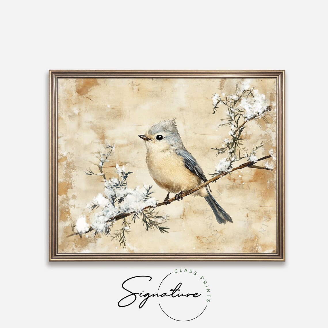 Tufted Titmouse On Snowy Winter Branch Soft Vintage Bird Painting Poster - Image 4
