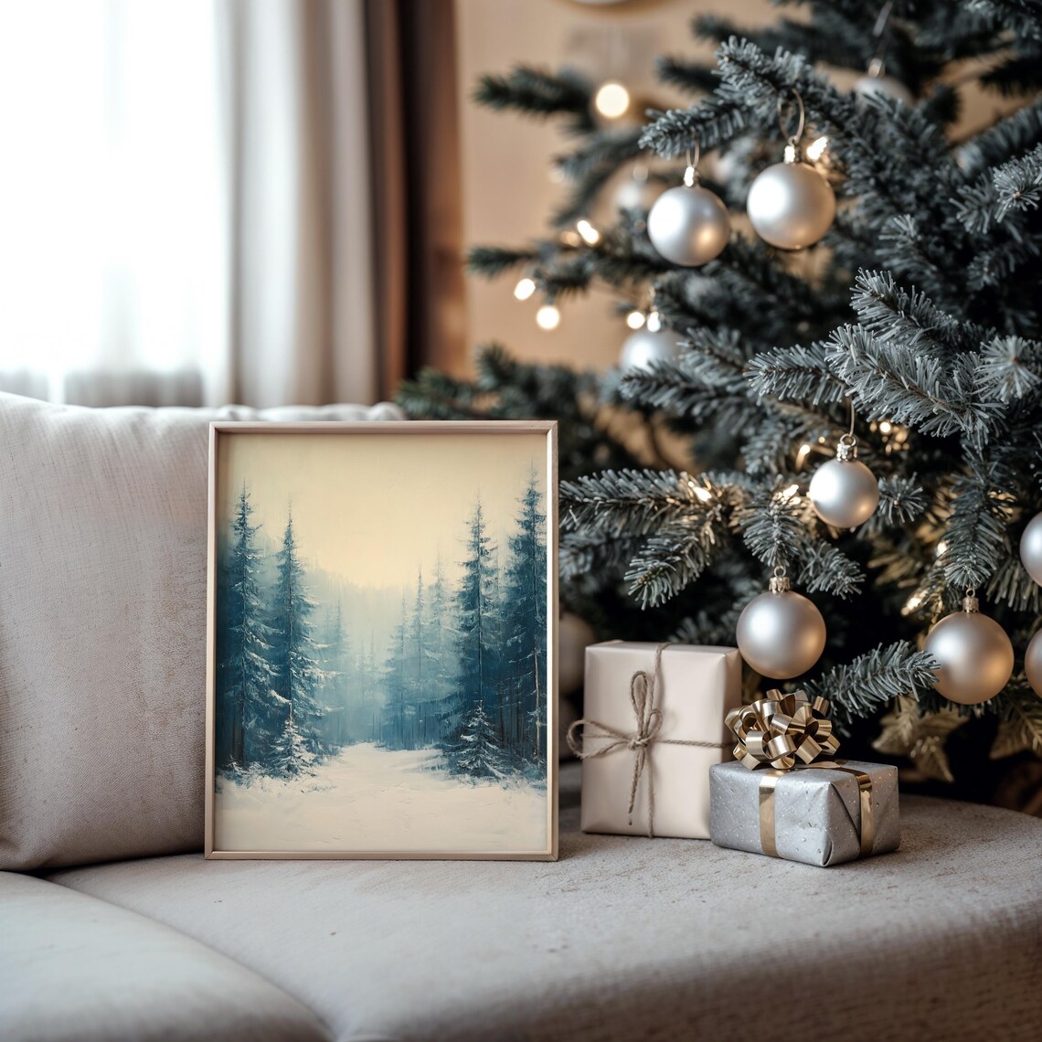 Misty Winter Pine Forest with Blue Green Treetops and Snow Poster - Image 5