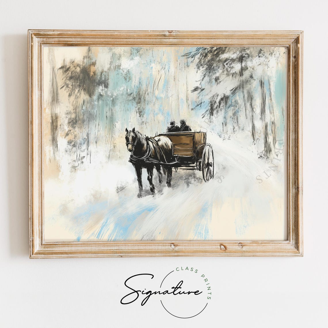 Horse Drawn Wagon Traveling Through Snowy Winter Woods Poster