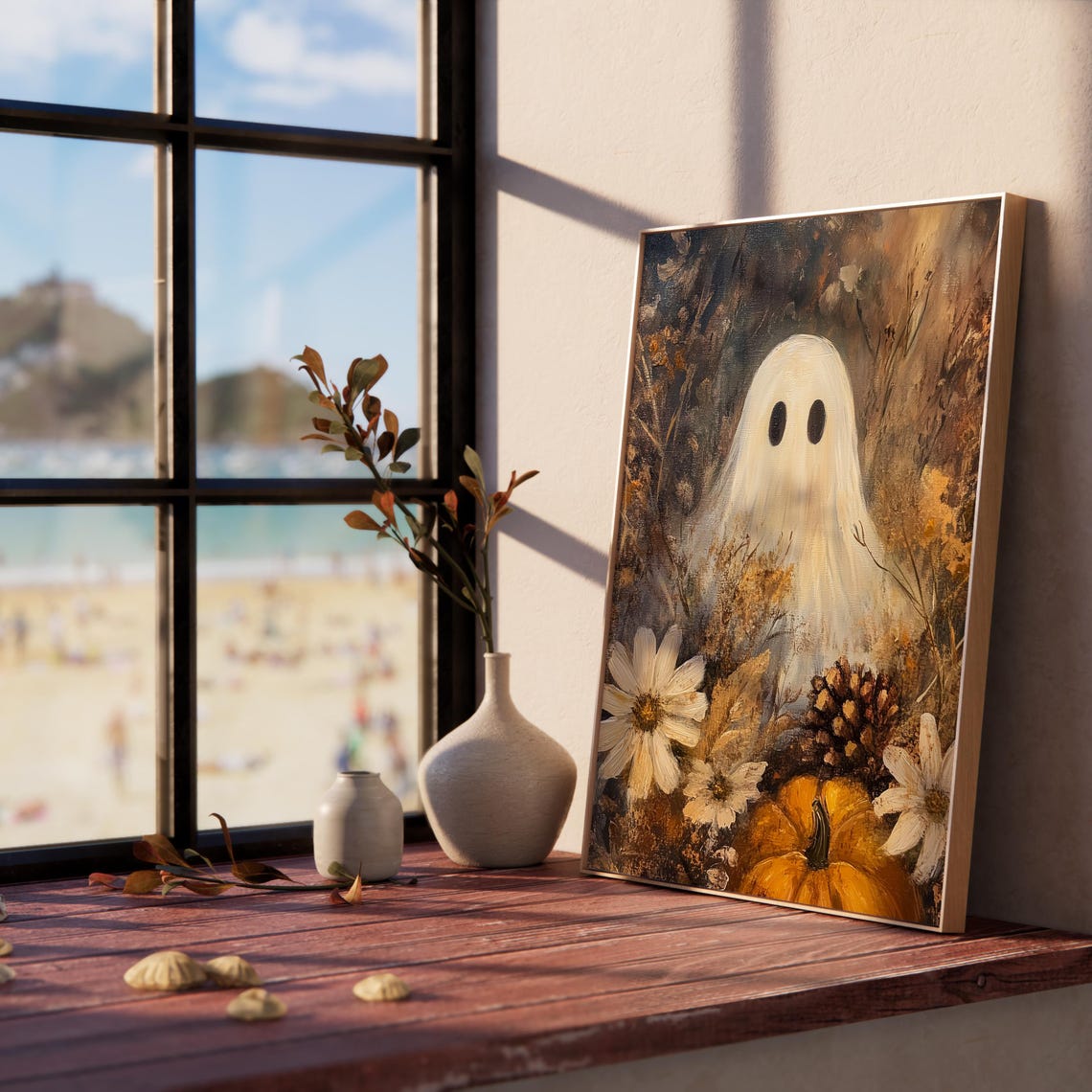 Ghost In Autumn Pumpkin Patch Rustic Earthy Fall Scene Cottagecore Ghostly Decor Moody Halloween Art Wall 1587 - Image 5