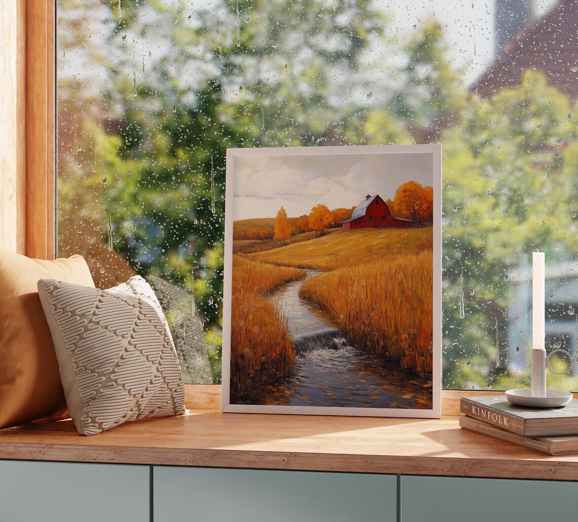 Red Barn Beside Winding Stream Flowing Through Golden Wheat Fields Wall Art - Image 2