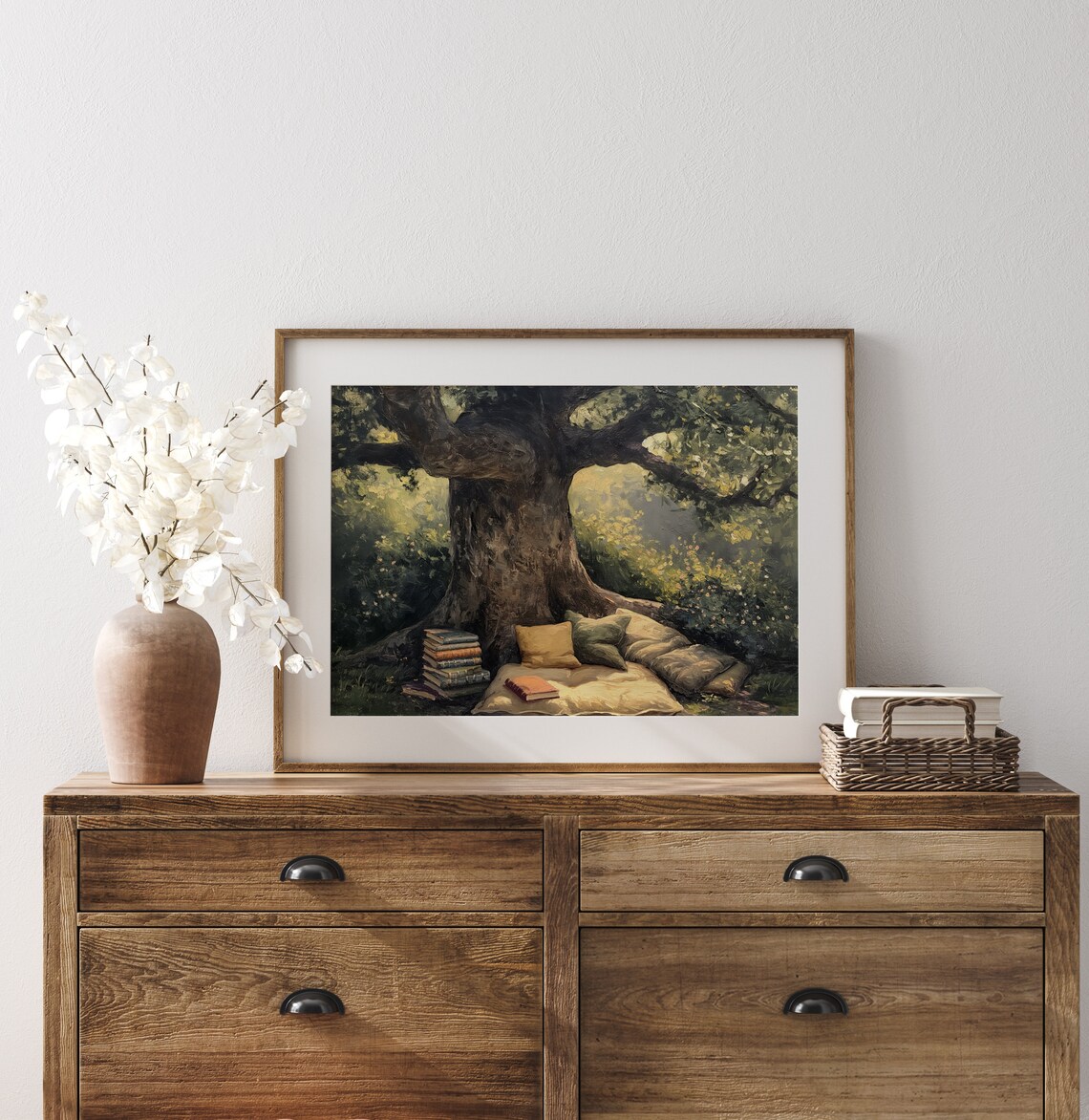Cozy Reading Nook Under Tree Books Cushions Vintage Garden Oil Poster - Image 3