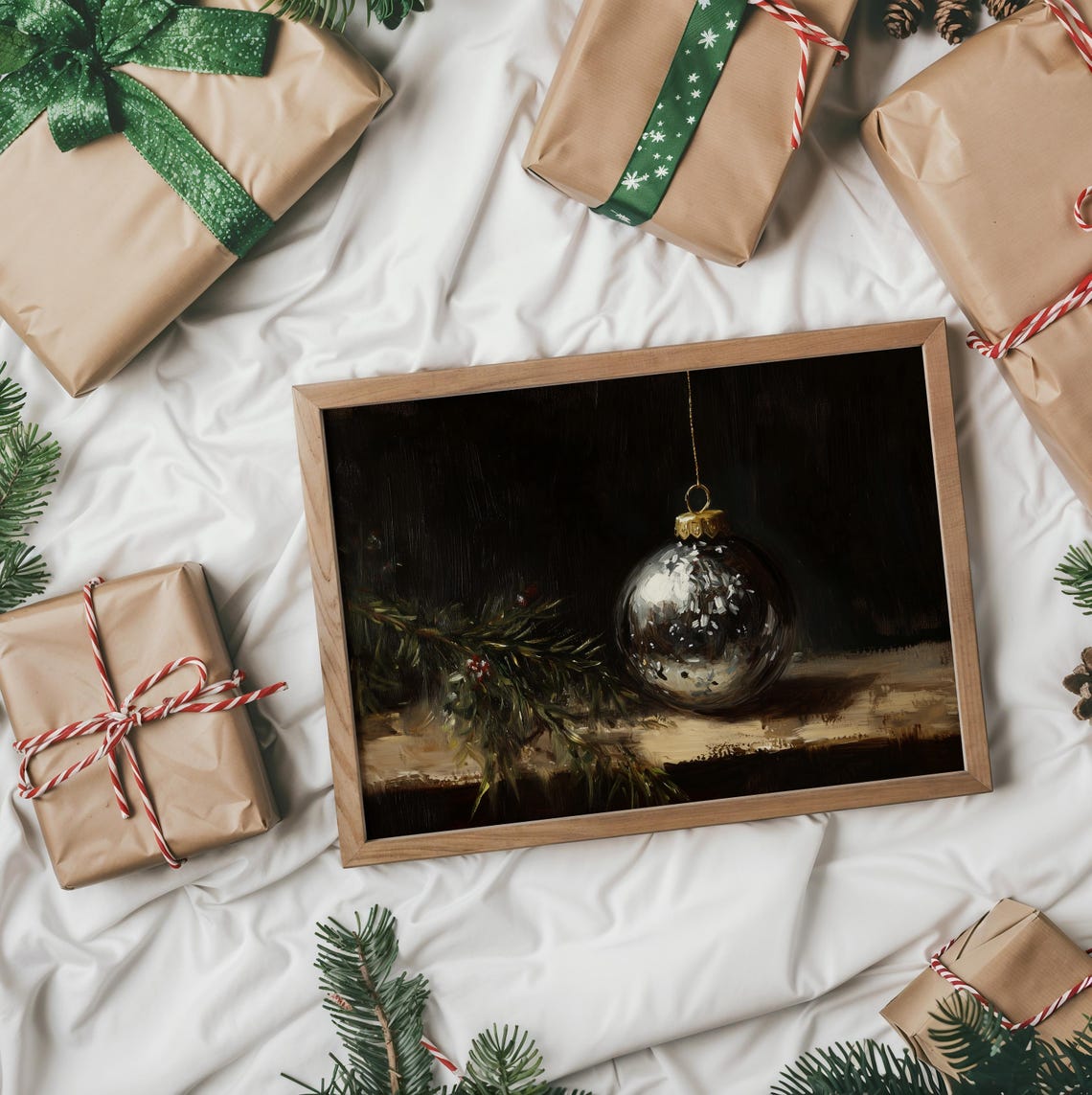 Silver Christmas Ornament Hanging With Pine Sprig Still Life Poster - Image 2