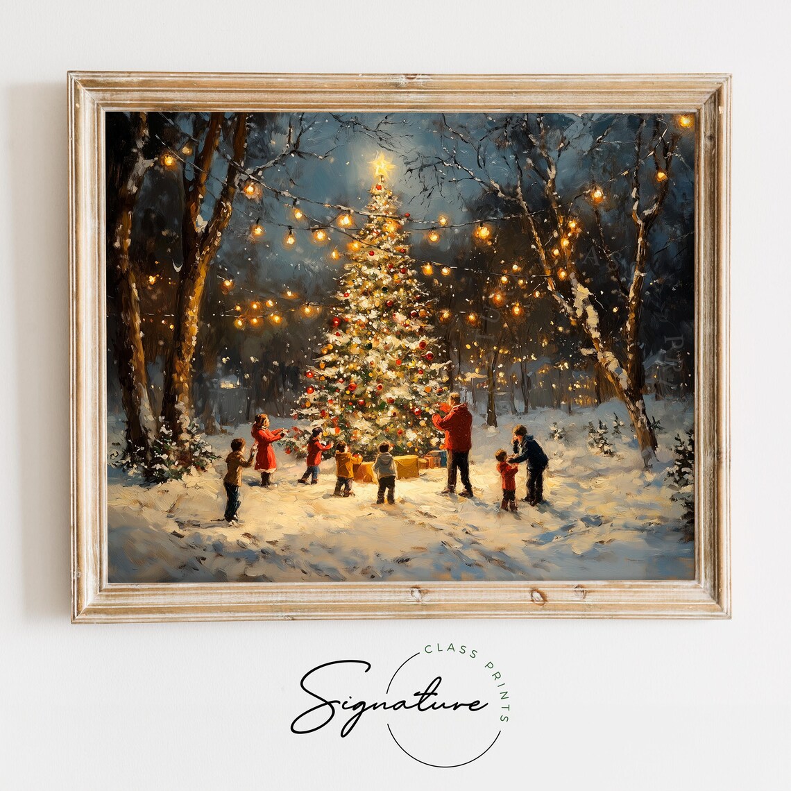 Family Decorating A Glowing Outdoor Christmas Tree At Night Poster