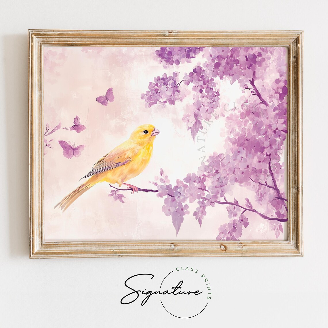Yellow Canary On Lilac Branch With Purple Butterflies Poster