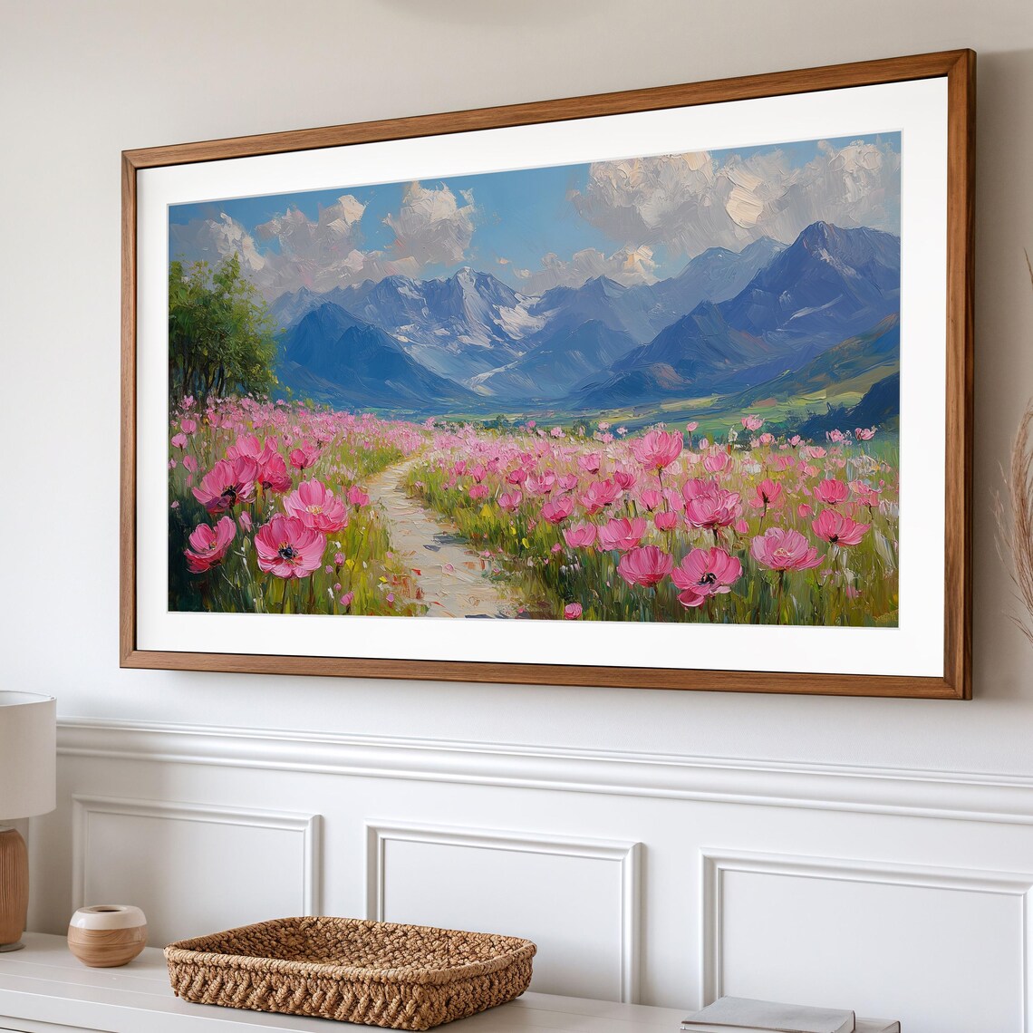 Pink Poppy Field Flower Path Snowy Mountains Spring Scenic Wall Art - Image 2