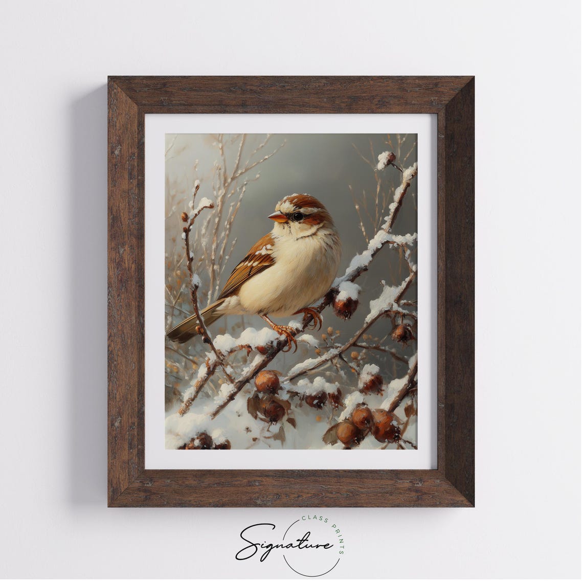 Tree Sparrow on Snowy Branch With Winter Berries Holiday Bird Poster - Image 2
