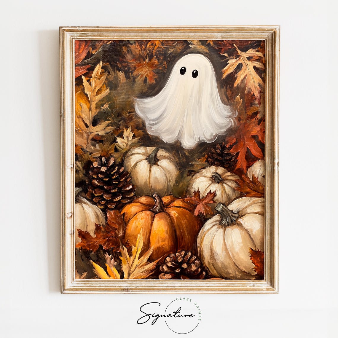 Happy Ghost Surrounded by Pumpkins Pinecones and Fall Leaves Poster