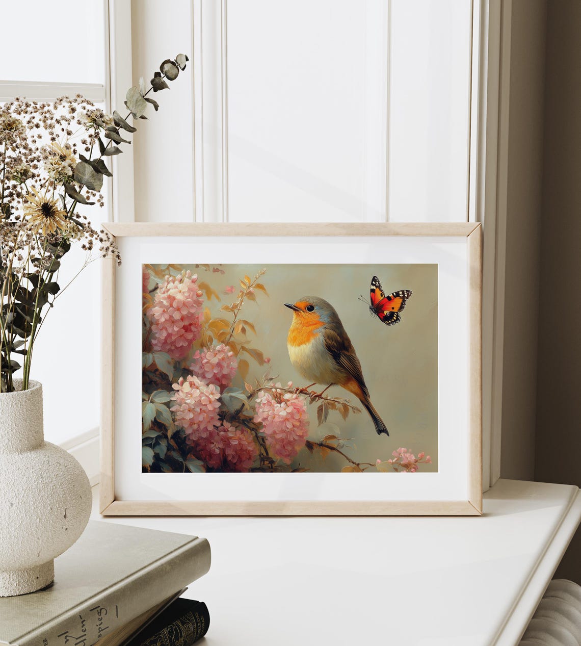 Robin On Pink Blossom Branch With Red Butterfly Charming Wall Art - Image 6