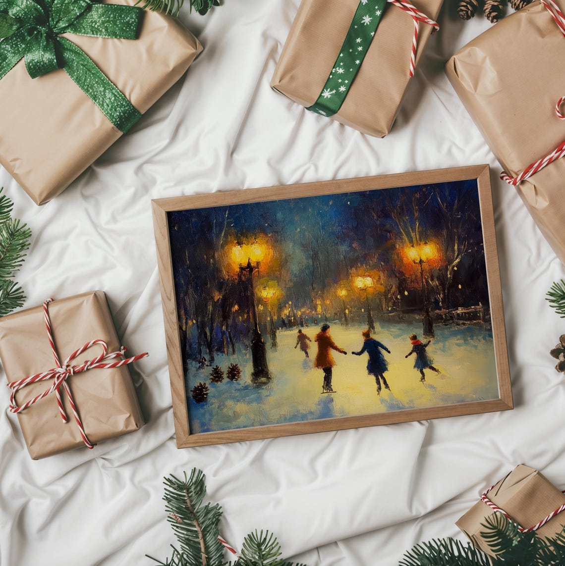 Evening Ice Skating Under Glowing Street Lamps Impressionist Poster - Image 2