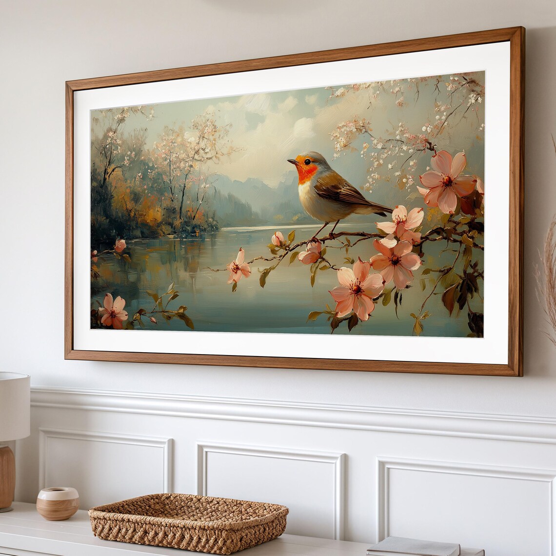 Robin Perched Blooming Branch Pink Blossoms Lakeside Mountain View Poster - Image 2